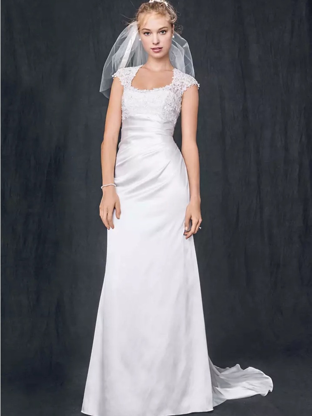 David's Bridal Ivory Lace Bodice Satin Gown/E111